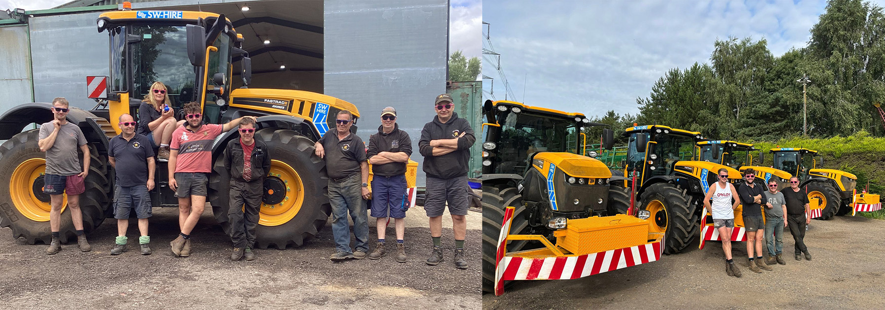 D E Keeble team stood in front of a SW Hire JCB 4220 iCON Fastrac with bale chasing trailers on the back